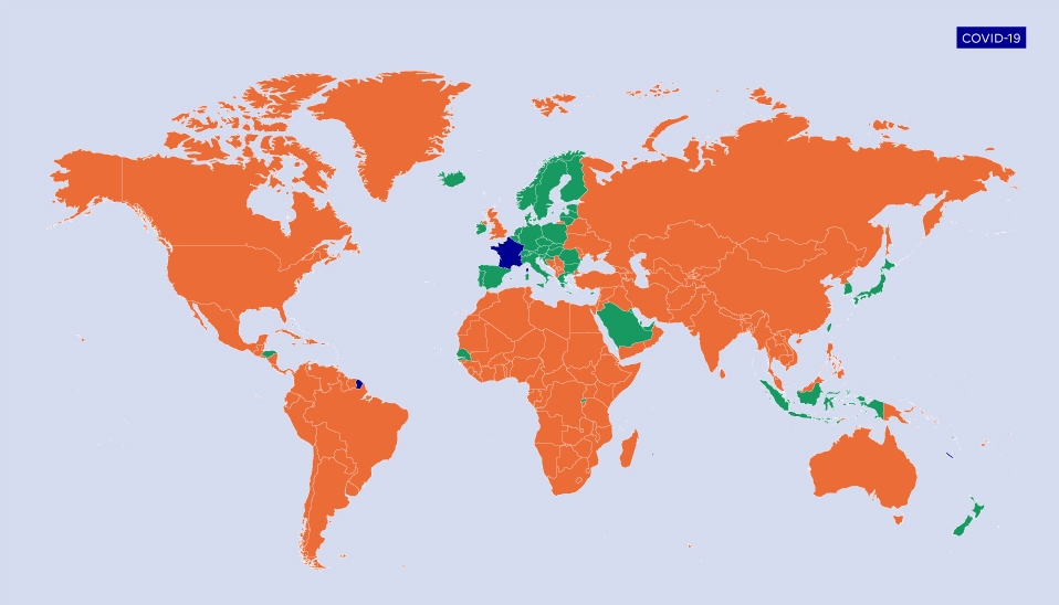 carte des pays du monde en fonction de leur situation épidémique