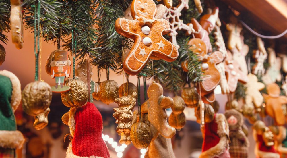 Traditional seasonal items and gifts at Christmas market (Christkindlmarkt) stall in Central Berlin, Germany